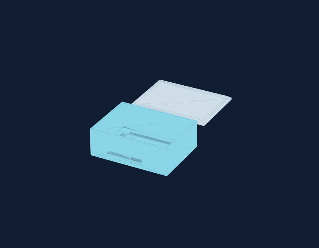 CAD render of a rectangular sensor enclosure with mounting features and a separate lid